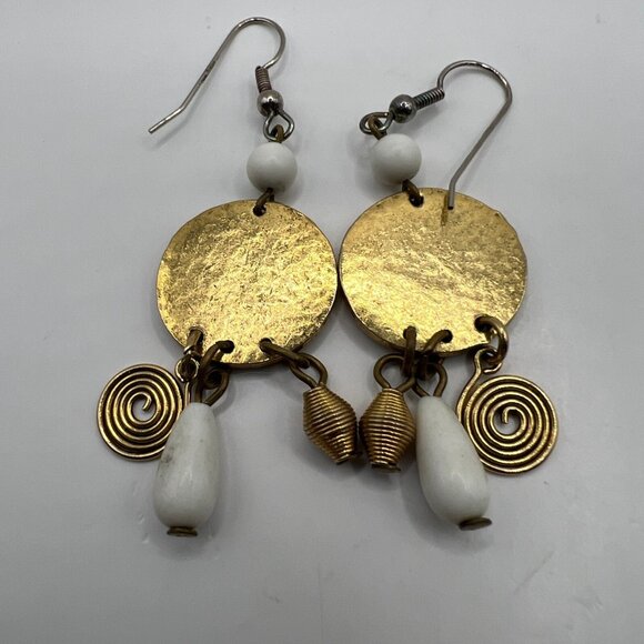 Vintage Pierced Earrings Gold Tone Embellished Disk with Beads Silver Tone Wire - Picture 4 of 6